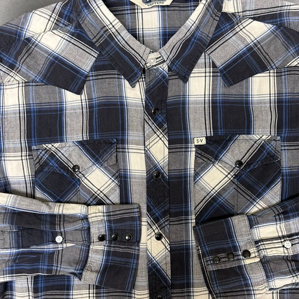Salt Western Men's Pearl Snap‎ Shirt Plaid Blue White Black Fits Large